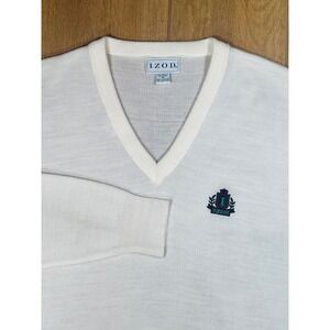 Vintage Izod Mens V-Neck Sweater White Acrylic Knit Crest Logo 30741 J94 Medium